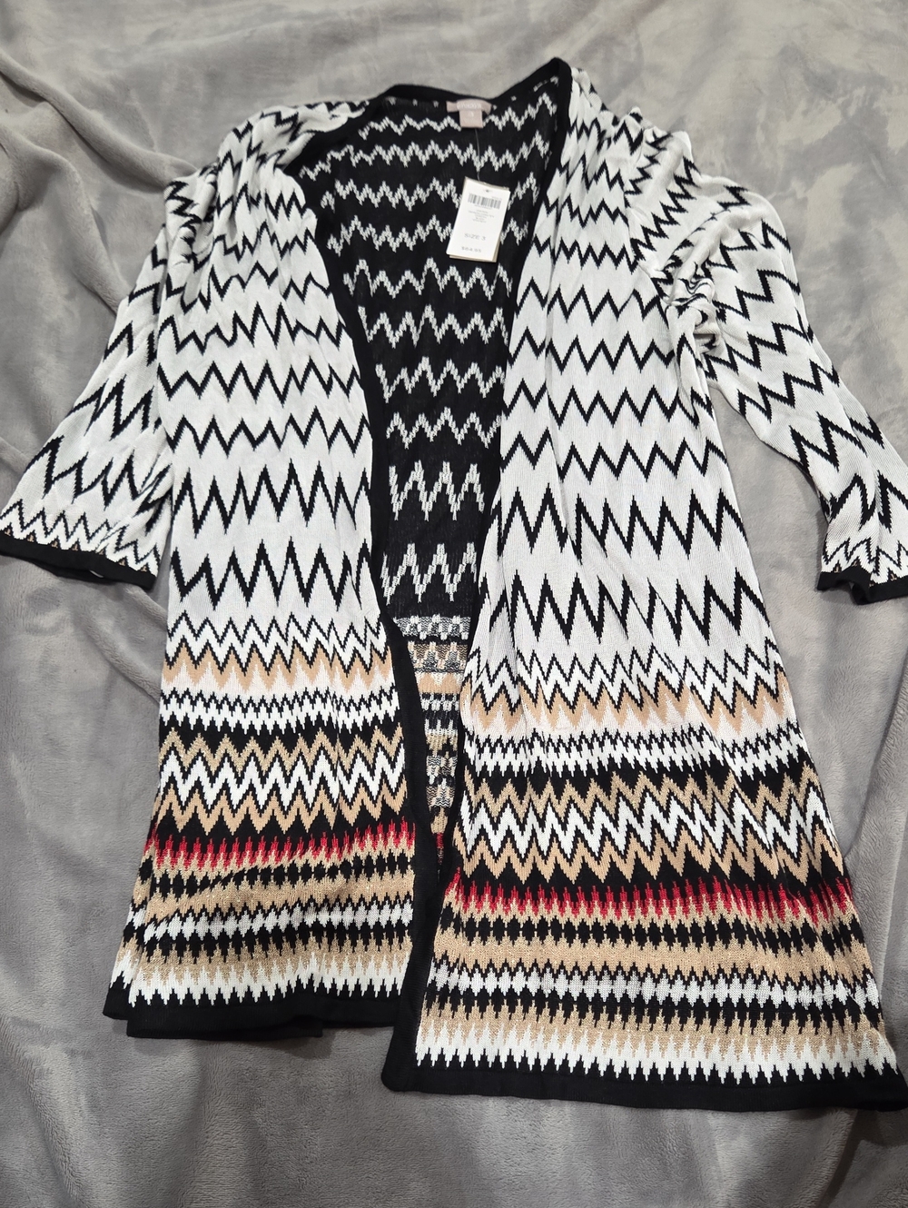 Chico's Black & White Zigzag Open-Front Cardigan